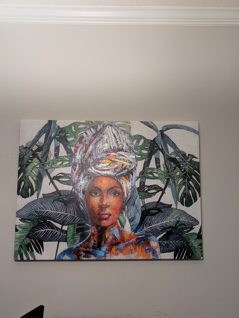 Colorful Tropical Woman Canvas Art - Neutral, Green, Blue Accents